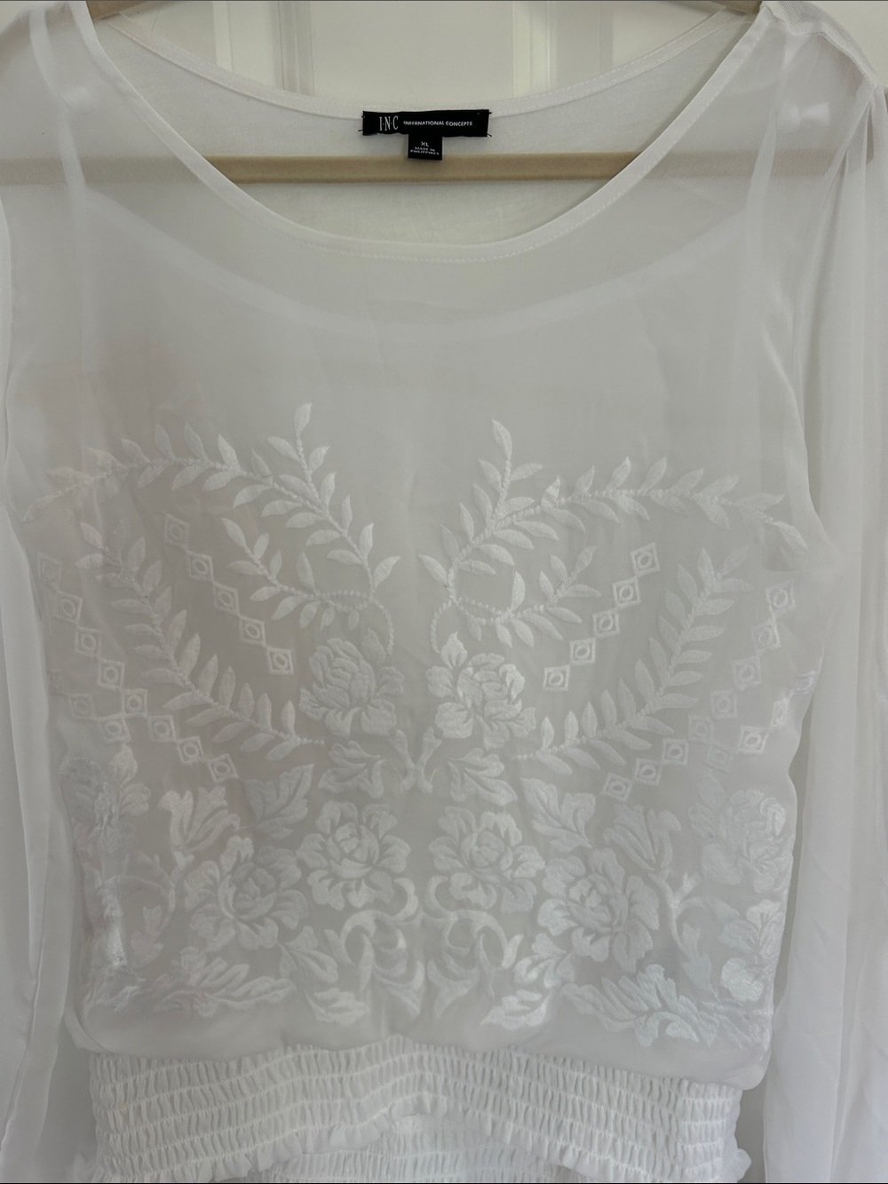 INC International Concepts White Sheer Floral Embroidered Top, open sheer sleeve